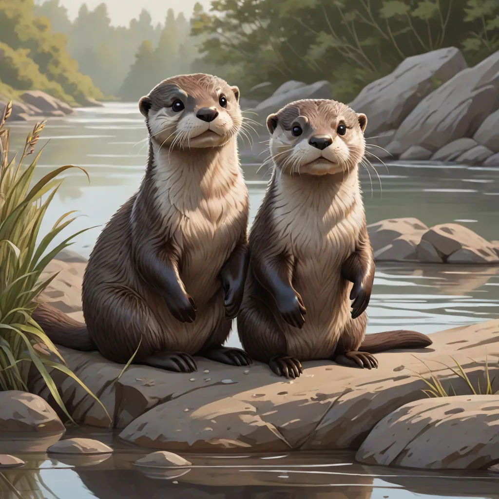 two otters sitting on a rock near a body of water and grass, with a forest in the background, an oil painting, Brothers Hildebrandt, american scene painting, official art