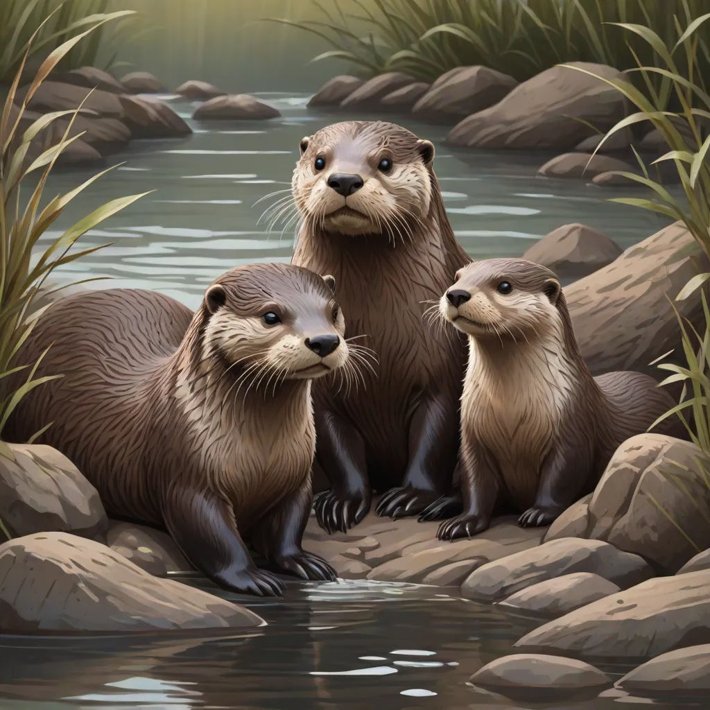 three otters are sitting on a rock in the water and some grass and rocks are around them and a stream is running through the rocks, an oil painting, Brothers Hildebrandt, american scene painting, extremely detailed oil painting