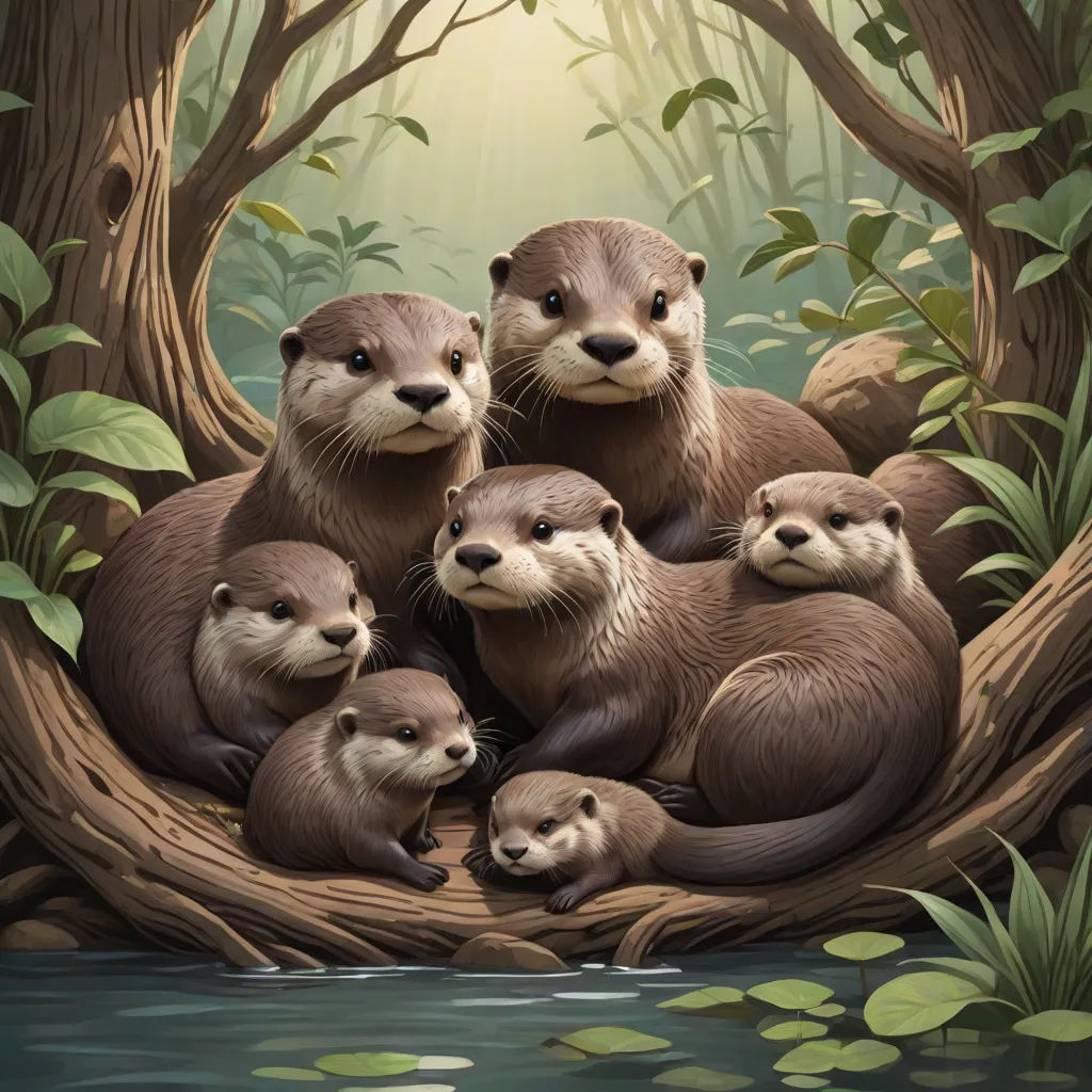 a painting of a family of otters in a nest in the woods by a river with lily pads, a storybook illustration, Dan Mumford, sots art, official art