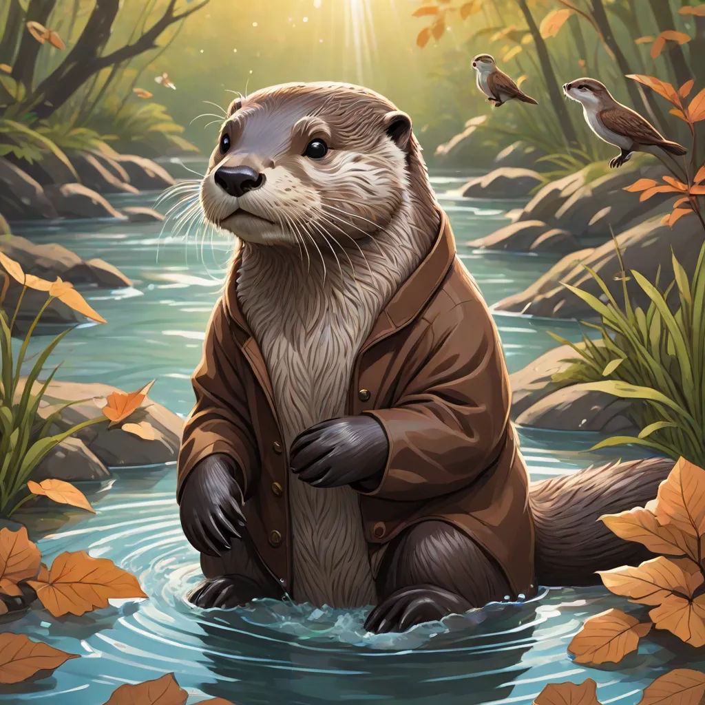 a painting of a otter in a river with birds flying around it and leaves on the ground around it, a character portrait, Chris LaBrooy, furry art, official art