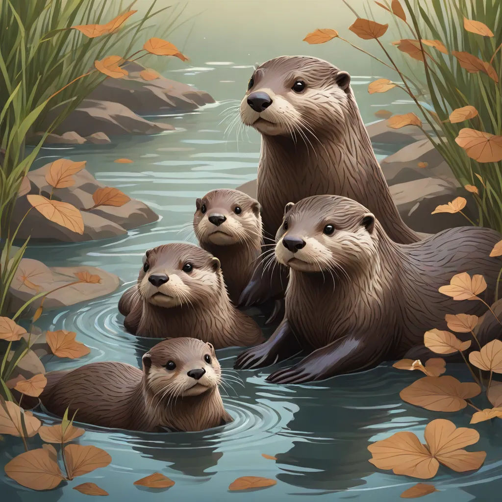 a family of otters in a pond surrounded by leaves and water lilies, with a full moon in the background, a fine art painting, Dan Mumford, sots art, intricate oil painting