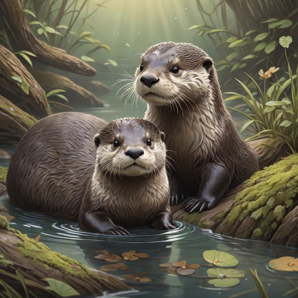 two otters are sitting in the water near a forest with lily pads and a sunbeam in the background, an oil painting, Dan Mumford, sots art, official art