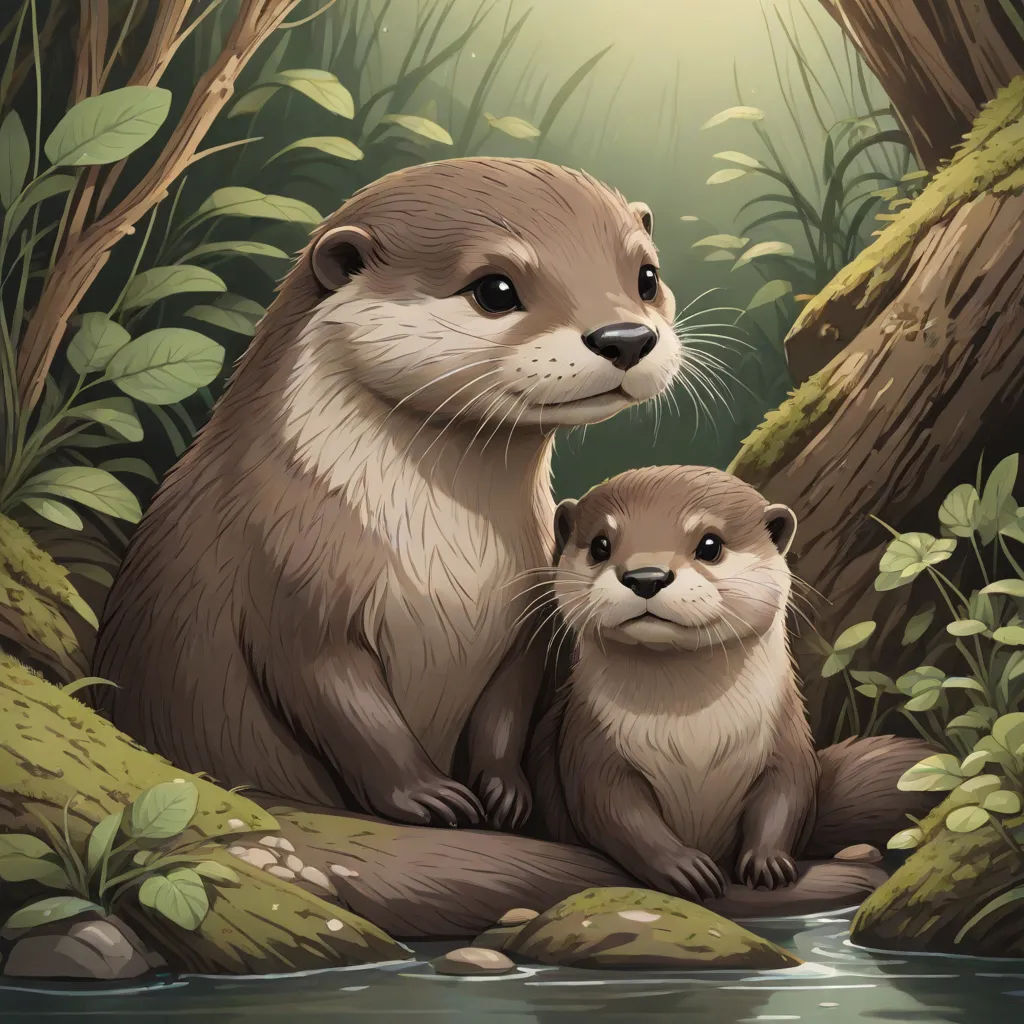 a mother otter and her baby sitting on a rock in the forest by a stream of water with green plants, a storybook illustration, Dan Mumford, sots art, official art