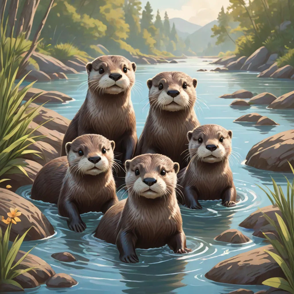 a group of otters in a river surrounded by rocks and grass and trees, with a mountain in the background, an oil painting, Dan Mumford, sots art, official art