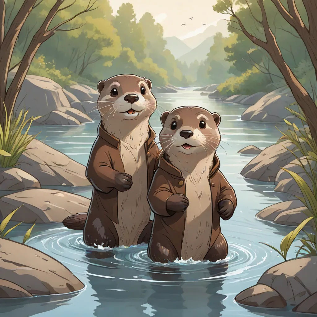 two otters standing in a river surrounded by rocks and trees, with a mountain in the background and a stream running through the center, a storybook illustration, Chris LaBrooy, furry art, official art