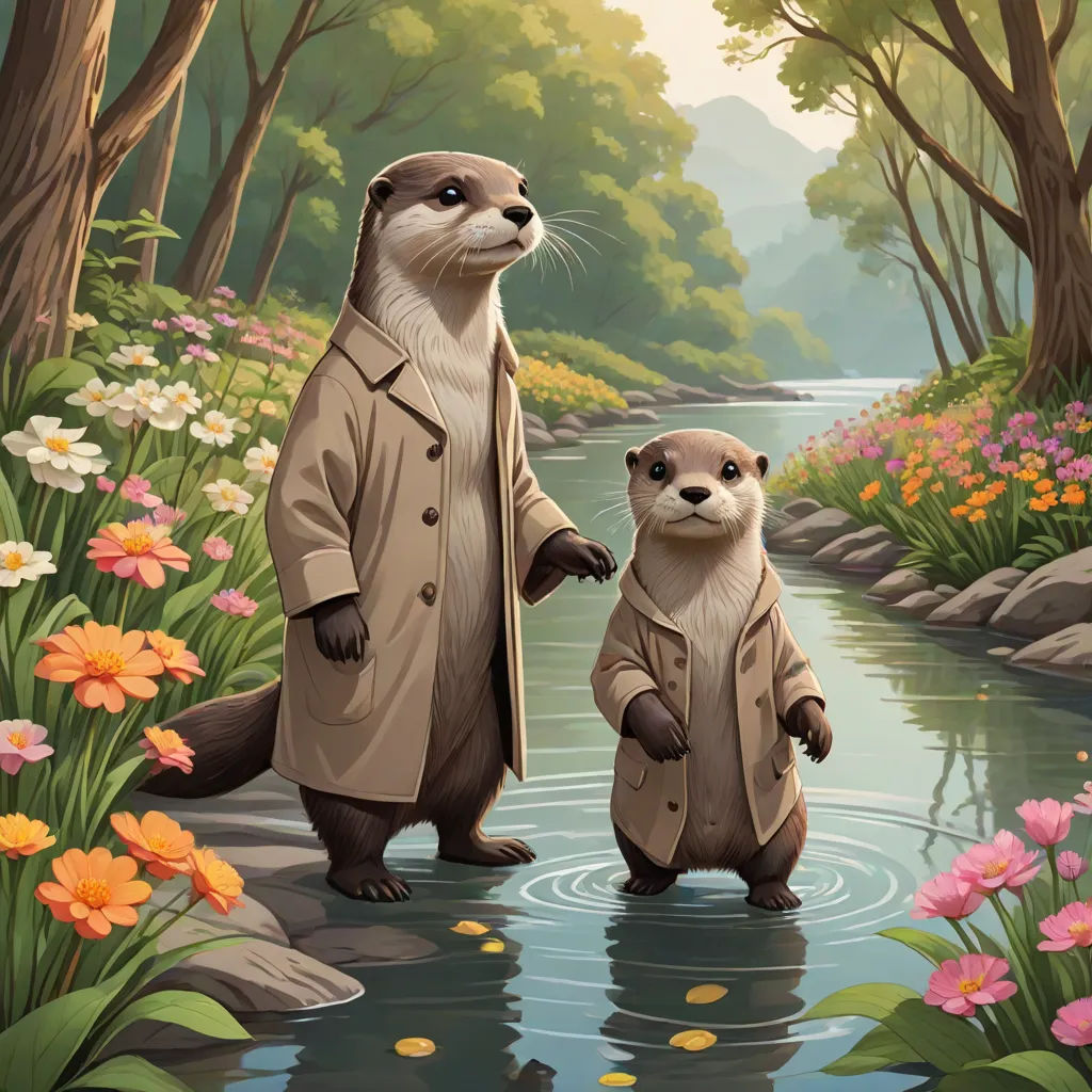 a painting of two otters standing in a river with a man in a trench coat and a woman in a dress, an oil painting, Brothers Hildebrandt, furry art, official art