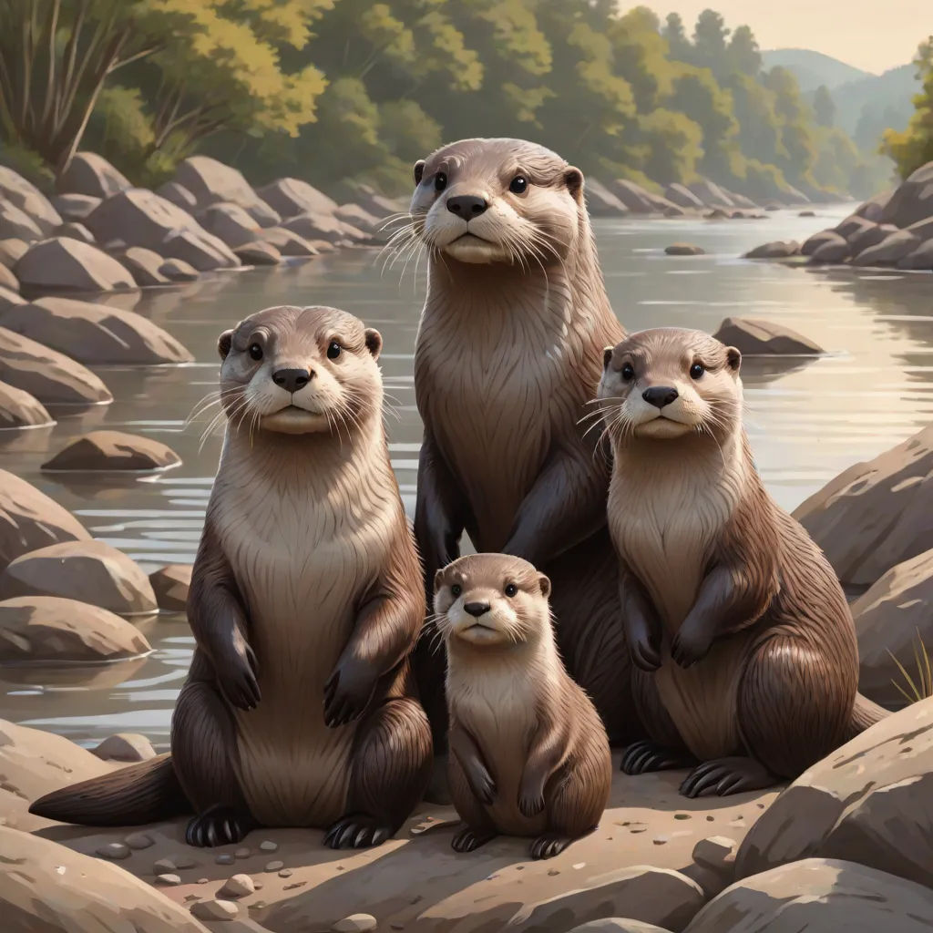 a painting of three otters sitting on rocks by a riverbank with trees in the background and a sky background, an oil painting, Brothers Hildebrandt, american scene painting, official art