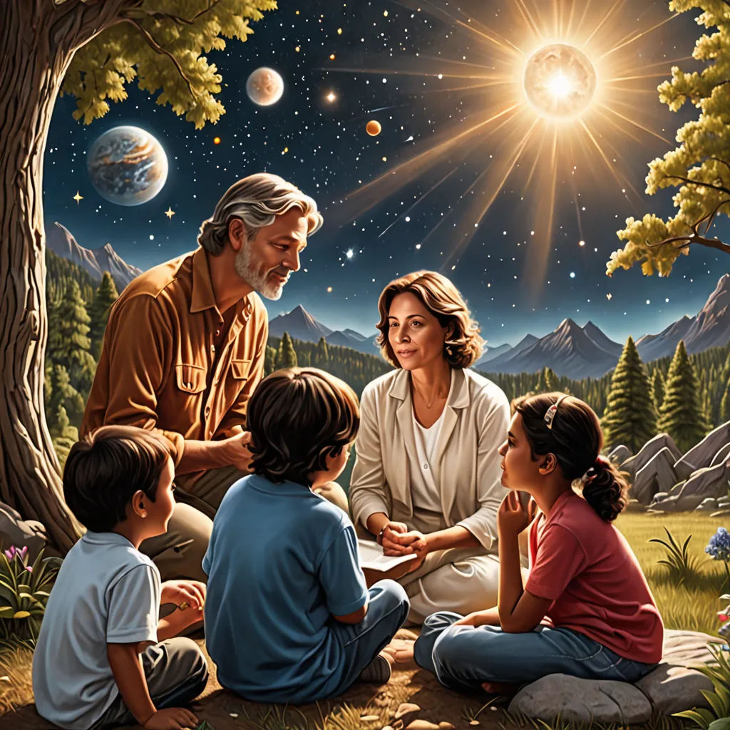 a painting of a family sitting in the grass under a tree with the sun shining in the background and planets in the sky, space art, a storybook illustration, Barclay Shaw, promotional image