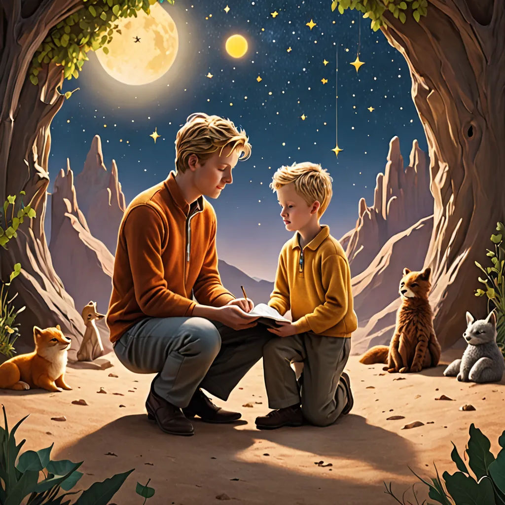 a painting of a boy and a boy sitting on a rock with a dog and a cat in front of them, magical realism, a storybook illustration, Brothers Hildebrandt, storybook illustration