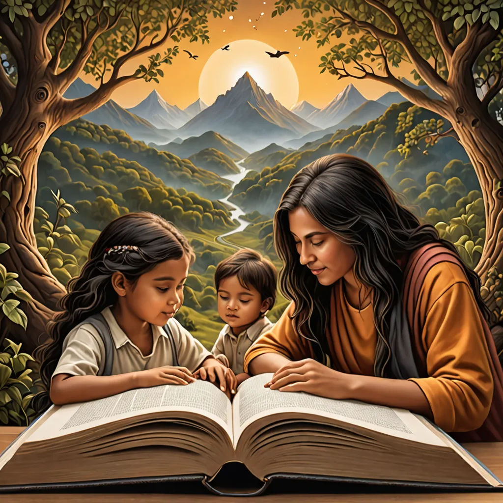a painting of a woman and two children reading a book together in a forest with a mountain scene in the background, fantasy art, a storybook illustration, Brad Kunkle, storybook illustration