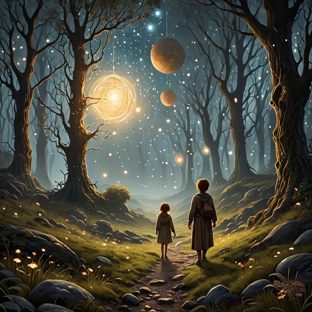 a painting of two children walking in a forest at night with a star filled sky above them and a path leading to a forest with glowing stars, fantasy art, a storybook illustration, Anato Finnstark, magical atmosphere
