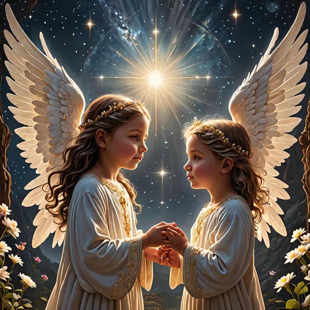 two angels standing next to each other in front of a star filled sky with stars and flowers on it, gothic art, a fine art painting, Anne Stokes, angelic