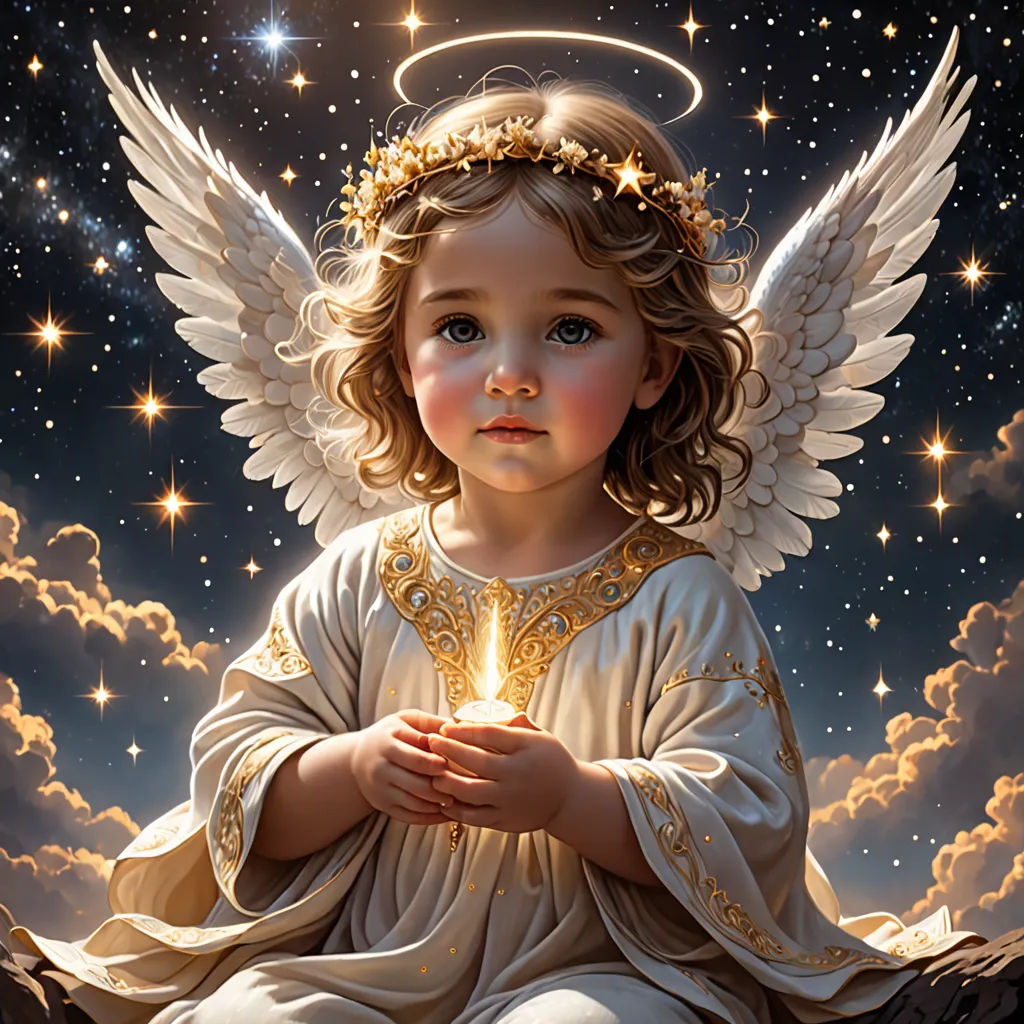 a painting of a little angel sitting on a cloud with a halo around her head and hands clasped together, gothic art, a fine art painting, Anne Stokes, angelic