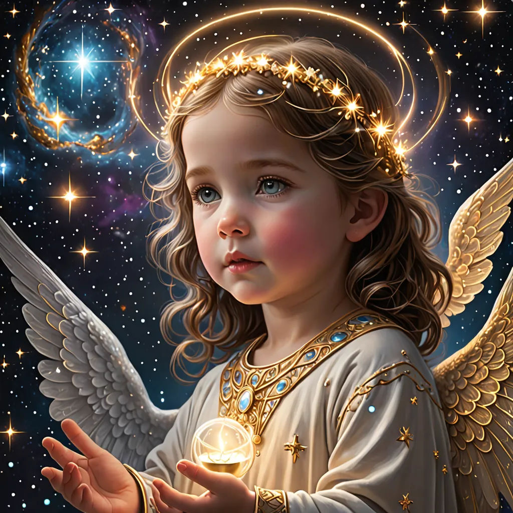 a painting of a little girl with angel wings holding a ball of light in her hand and a crescent in the background, gothic art, a fine art painting, Anne Stokes, highly detailed digital painting