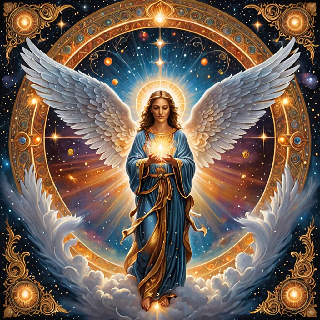 a painting of an angel with a halo around it's body and wings, surrounded by stars and circles, gothic art, a detailed painting, Anne Stokes, divinity