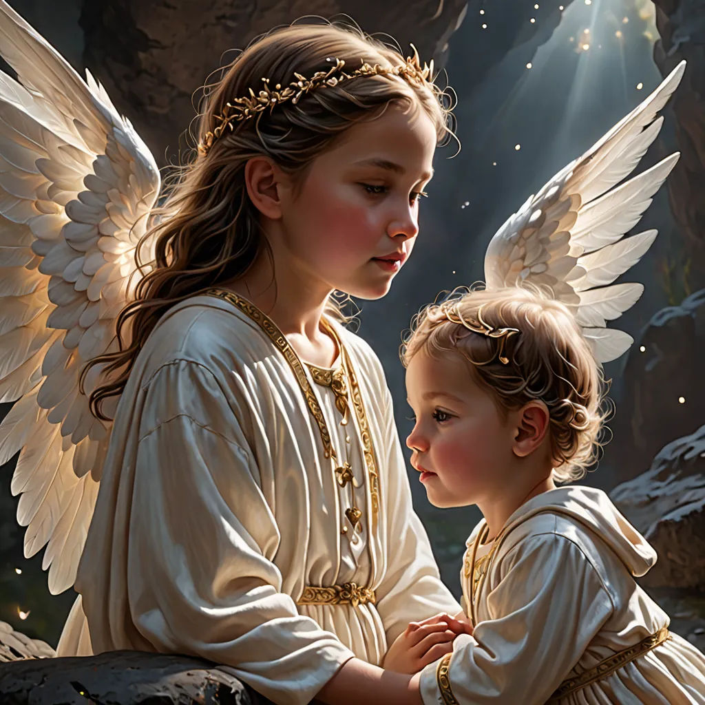 a painting of two girls with angel wings on a rock in a cave with a light shining down on them, gothic art, a fine art painting, Anne Stokes, angelic