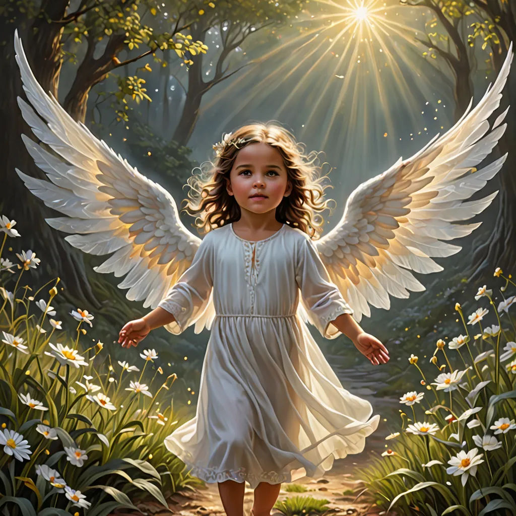 a painting of a little girl with angel wings in a forest with daisies and daisies around her, gothic art, a fine art painting, Anne Stokes, angelic