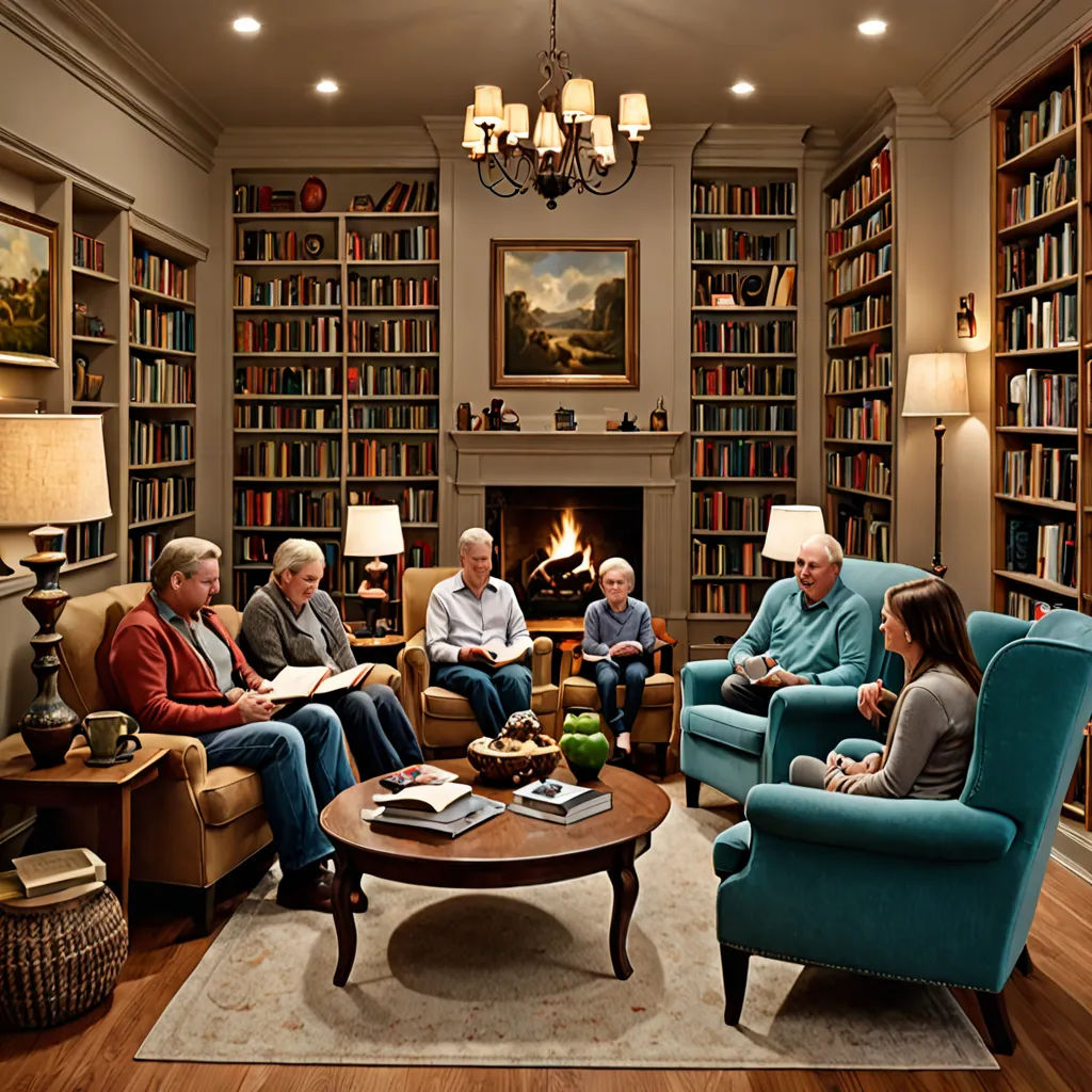 a group of people sitting in a living room together in chairs and a coffee table with a lamp on it, arts and crafts movement, a storybook illustration, Eric Zener, rembrandt lighting