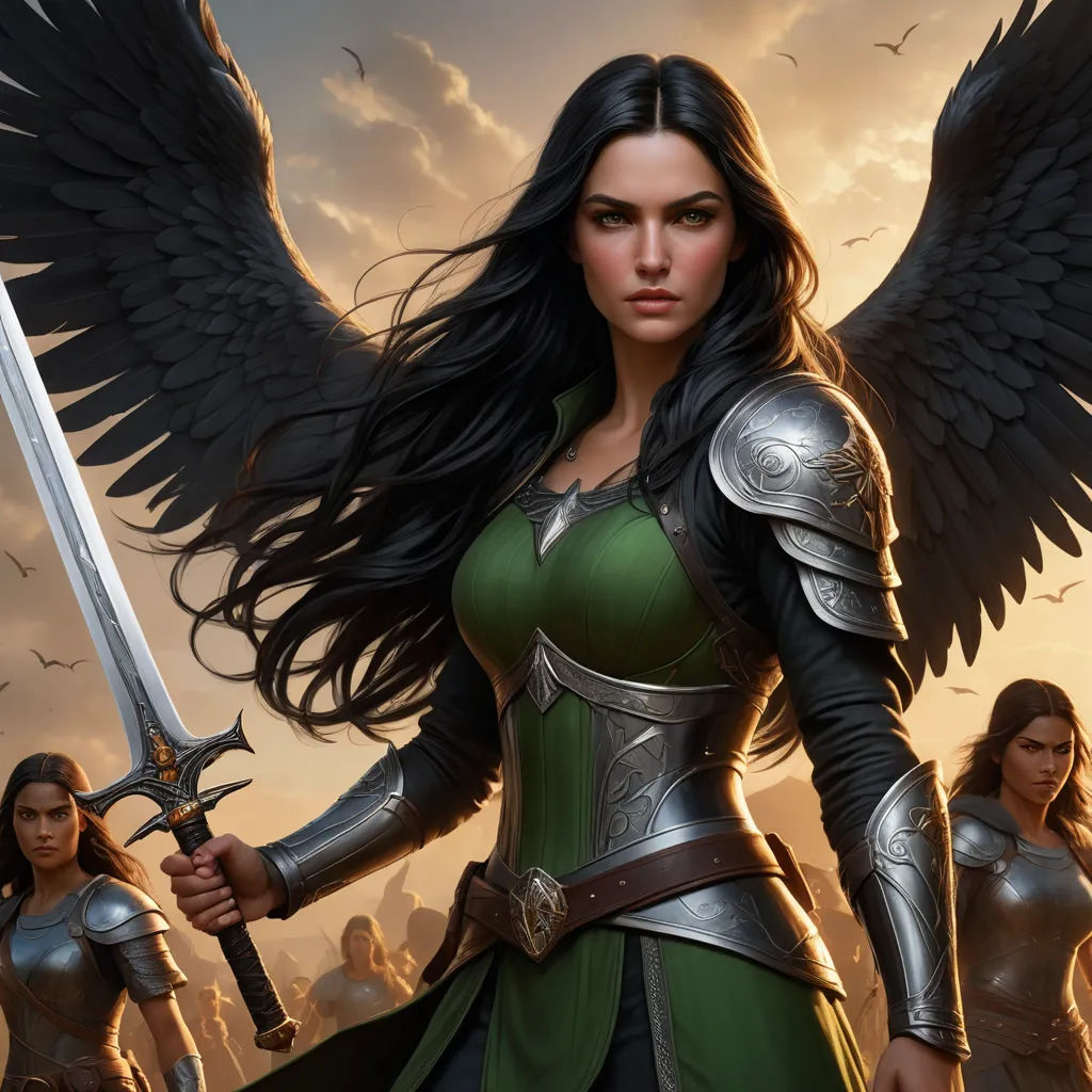 a woman with wings holding a sword and two other women in the background with a sky background and clouds, fantasy art, concept art, Anne Stokes, magic the gathering artwork