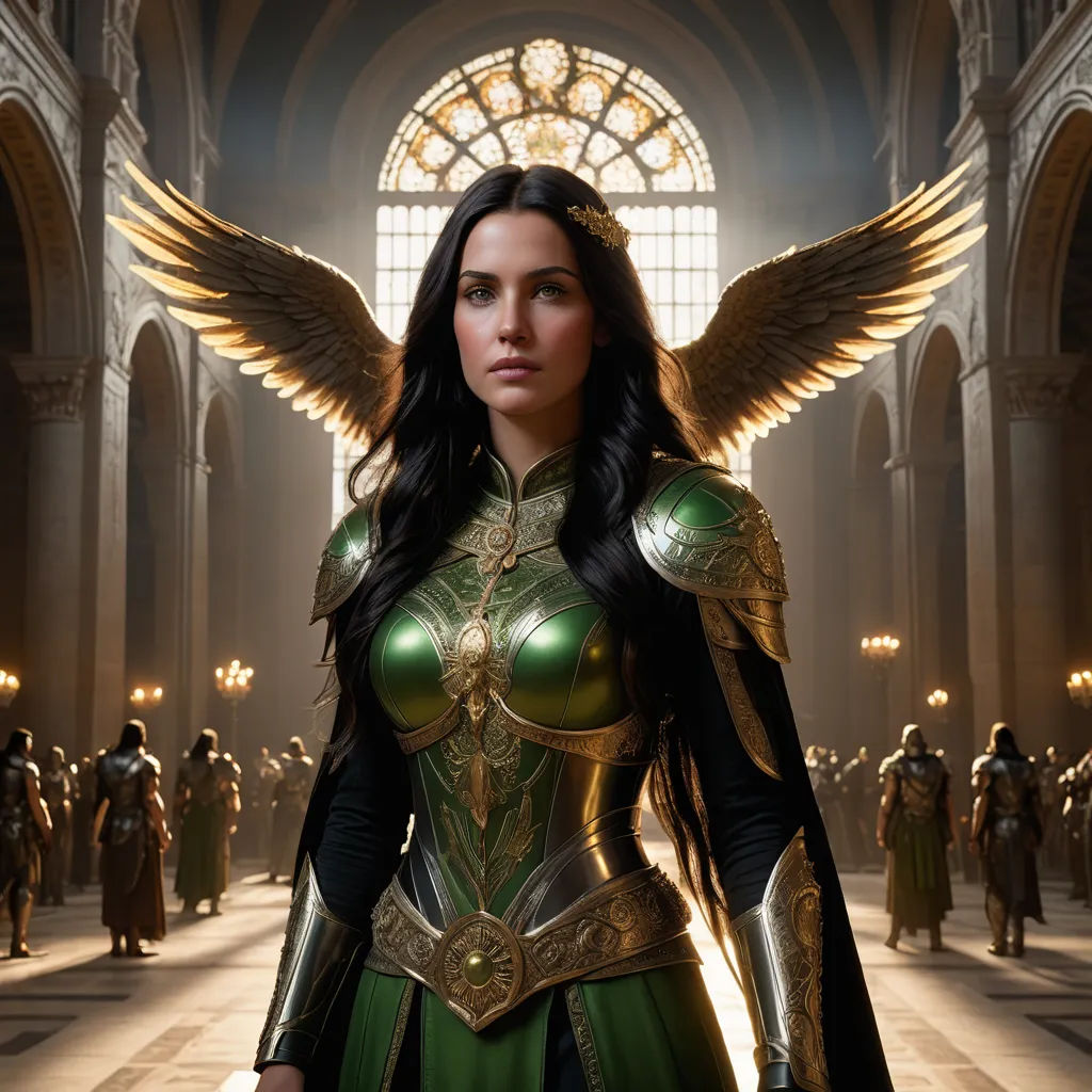 a woman in a green and gold costume with wings on her head and a sword in her hand, standing in a large hall, fantasy art, a comic book panel, Aleksi Briclot, unreal engine highly rendered