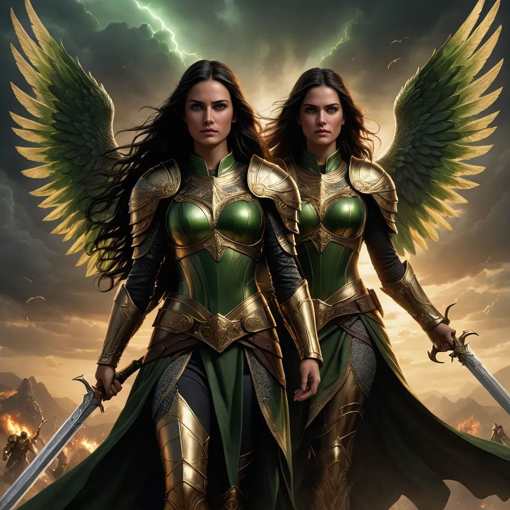 two women dressed in armor with wings and swords in their hands, standing in front of a storm with lightning, fantasy art, concept art, Anne Stokes, magic the gathering artwork