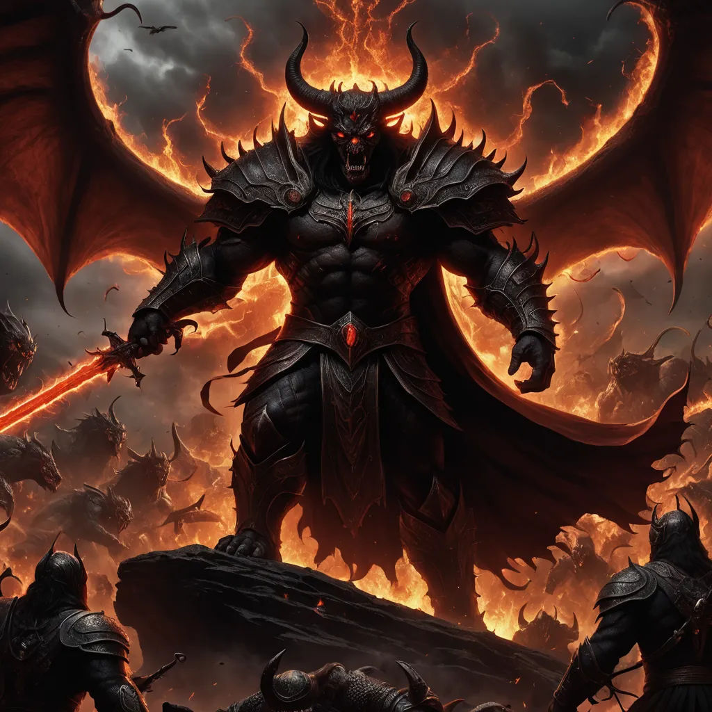 a demonic demon with a sword in his hand and a demon on his back, surrounded by flames and demonic creatures, fantasy art, concept art, Anne Stokes, dark fantasy art