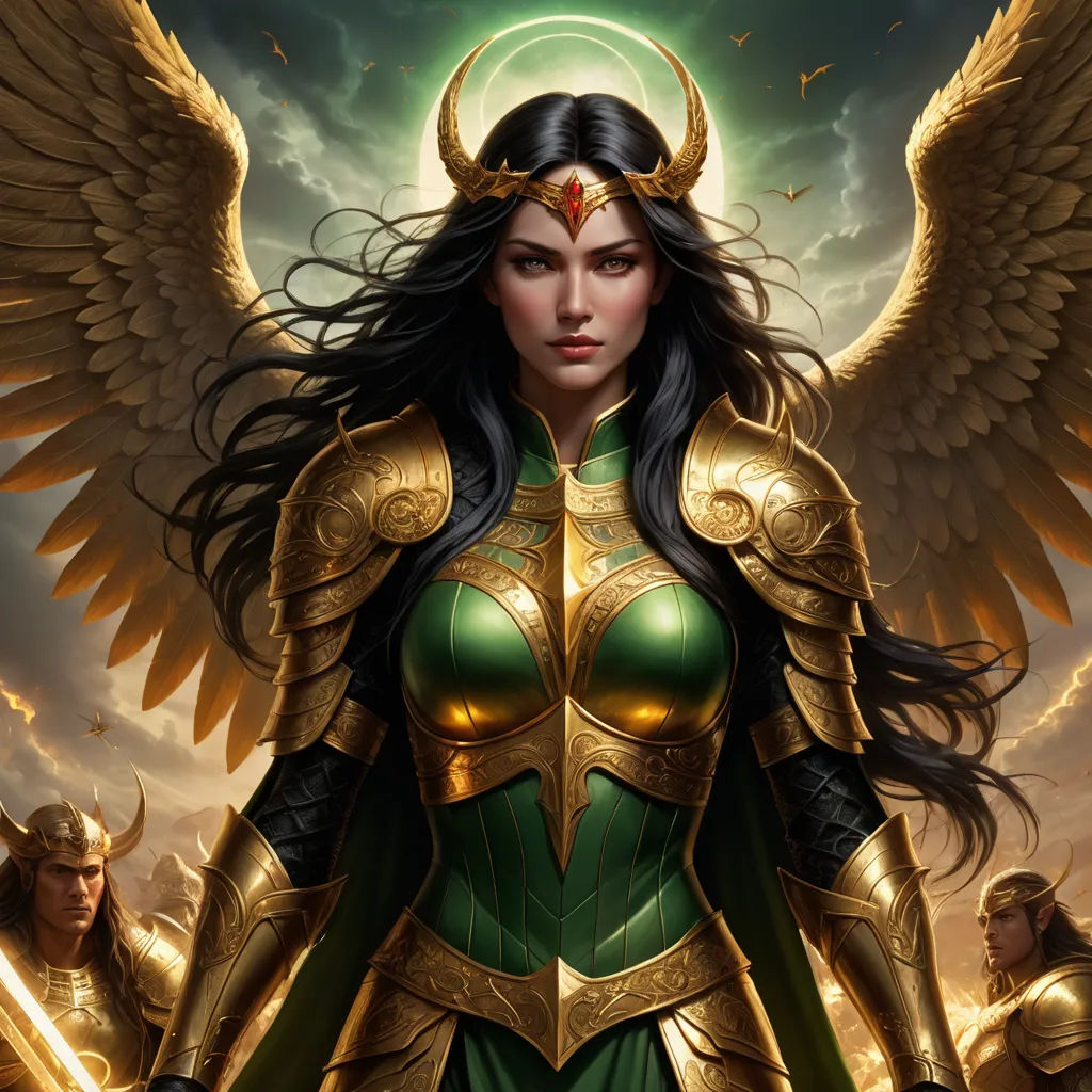 a woman with wings and a green outfit on holding a sword and a sword in her hand and a halo around her head, fantasy art, a comic book panel, Anne Stokes, epic fantasy character art