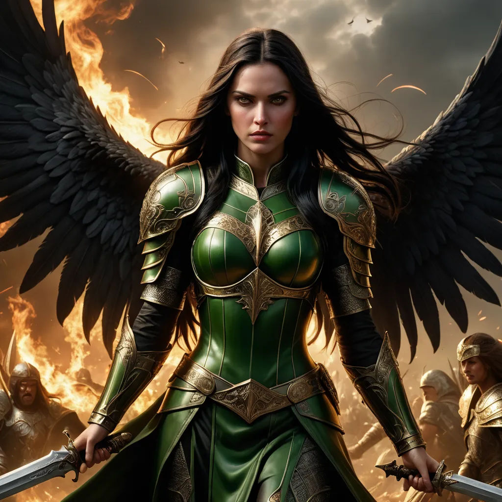 a woman in a green outfit with wings on her shoulders and sword in her hands, standing in front of a fire, fantasy art, a comic book panel, Anne Stokes, epic fantasy character art