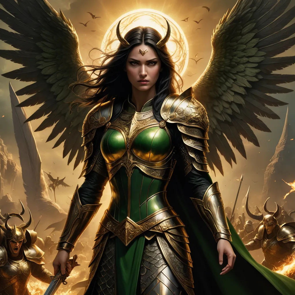 a woman with wings and a sword in her hand standing in front of a group of other women with wings, fantasy art, a comic book panel, Anne Stokes, magic the gathering artwork