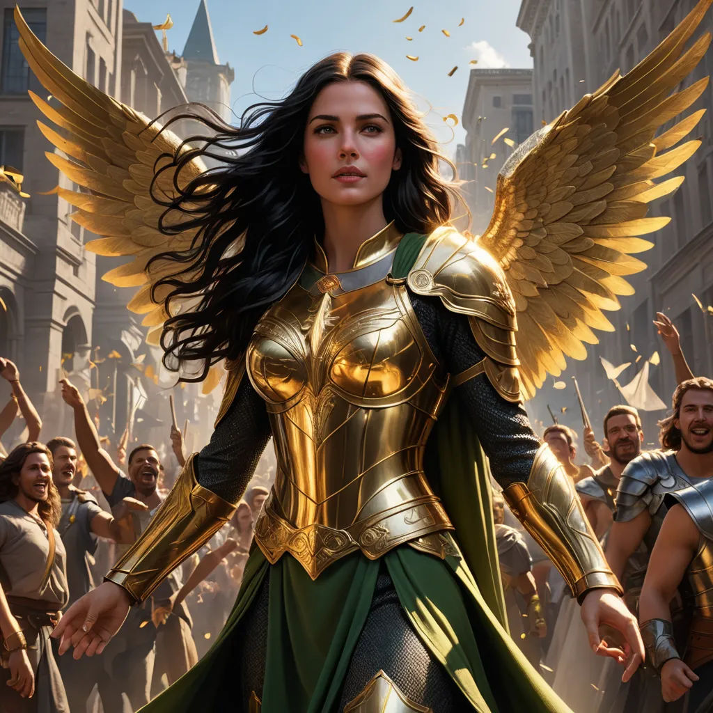 a woman dressed in a golden armor surrounded by other people in a city street with a large group of people, altermodern, a comic book panel, Clint Cearley, magic the gathering artwork