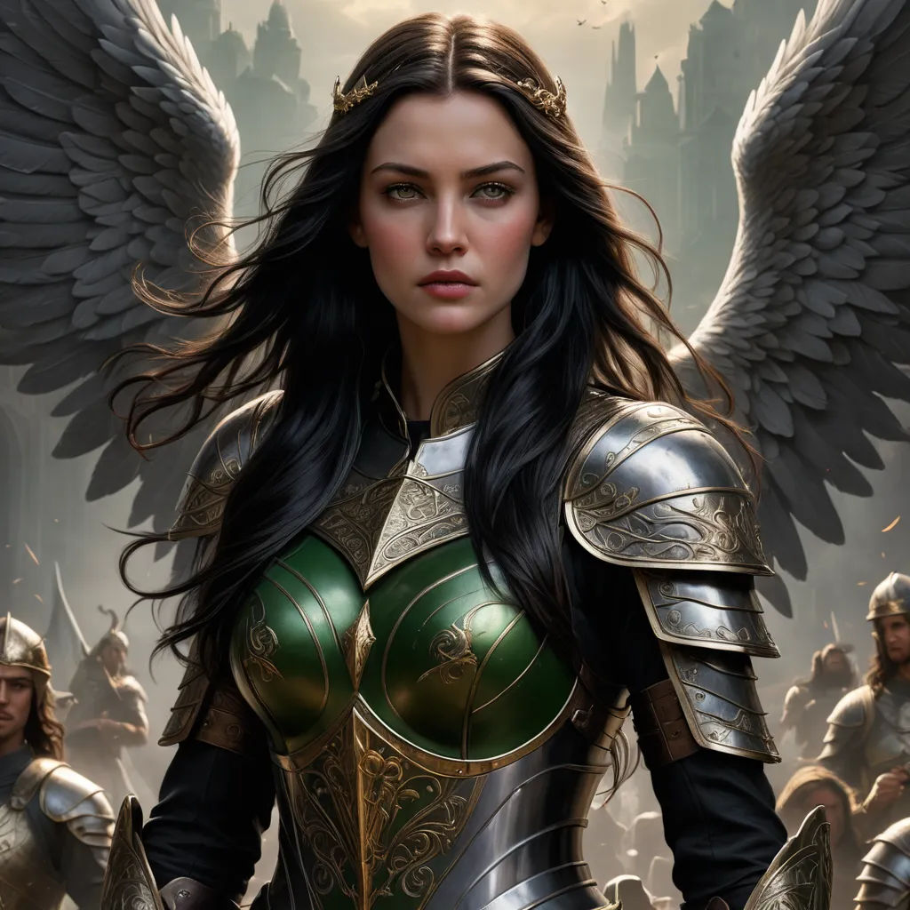 a woman in a green and gold armor with wings on her shoulders and a city in the background with a castle, fantasy art, a detailed painting, Anne Stokes, epic fantasy character art