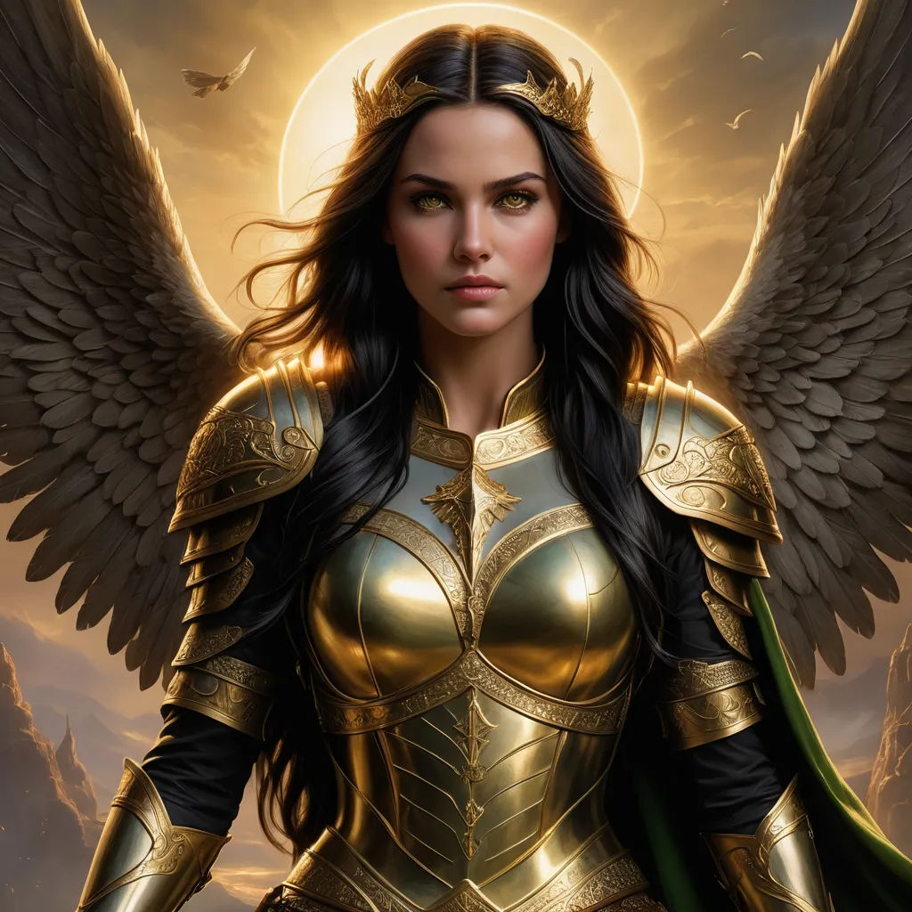 a woman dressed in gold and black with wings on her shoulders and a halo around her neck, standing in front of a cloudy sky, fantasy art, a fine art painting, Anne Stokes, epic fantasy character art