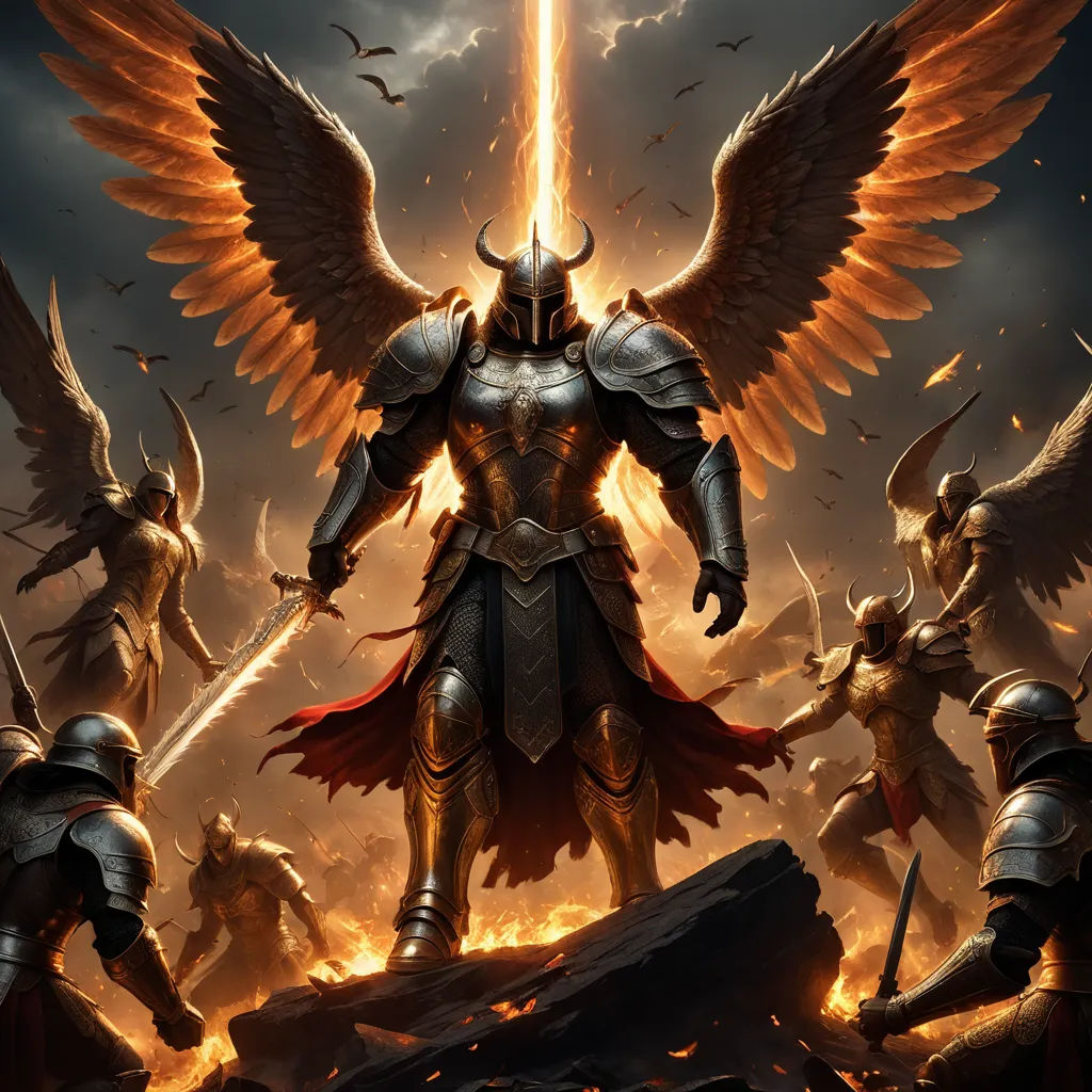 a painting of a knight with wings and armor surrounded by other knights and angels in a dark sky with clouds, fantasy art, concept art, Anne Stokes, magic the gathering artwork
