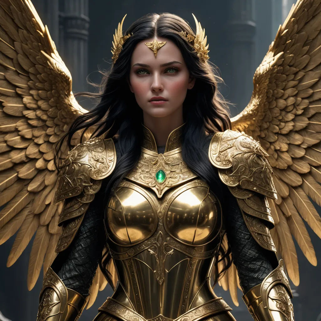 a woman dressed in gold and black with wings on her head and a green eye on her face, standing in front of a building, fantasy art, concept art, Clint Cearley, epic fantasy character art