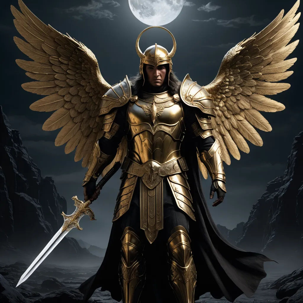 a man dressed in armor with a sword and wings on a dark background with a full moon in the sky, fantasy art, a digital rendering, Anne Stokes, armor