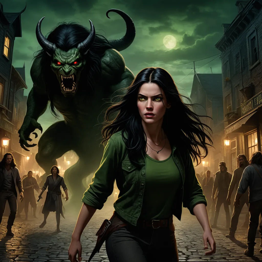 a woman walking down a street next to a demon on a street light with people walking by and a dark monster, fantasy art, concept art, Anne Stokes, magic the gathering artwork