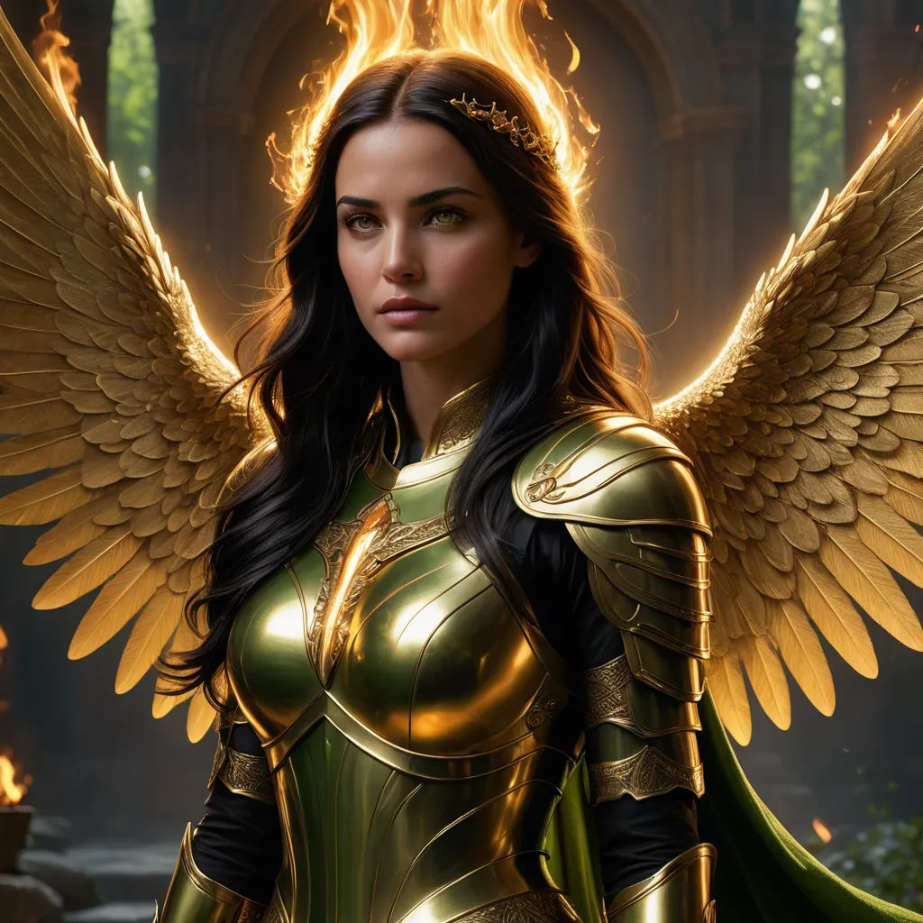 a woman in a gold outfit with wings on her shoulders and a halo around her neck, standing in front of a building, fantasy art, concept art, Anne Stokes, magic the gathering artwork