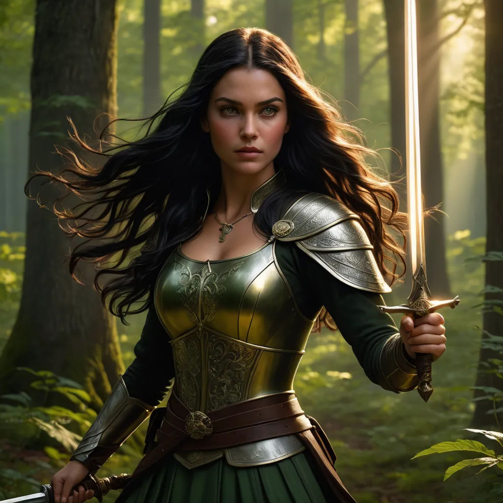 a woman in a green dress holding a sword in a forest with trees and grass behind her, in the sunlight, fantasy art, a character portrait, Anne Stokes, epic fantasy character art