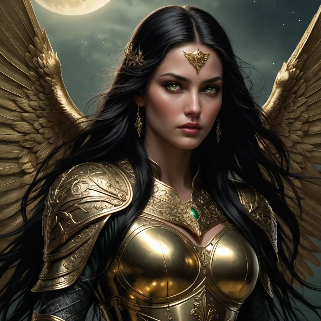 a woman with a golden outfit and wings on her chest and a moon in the background with a full moon behind her, fantasy art, a detailed painting, Anne Stokes, epic fantasy character art