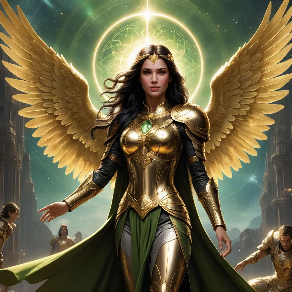 a woman dressed in a golden outfit with wings and a halo above her head, standing in front of a group of other people, fantasy art, a comic book panel, Clint Cearley, magic the gathering artwork
