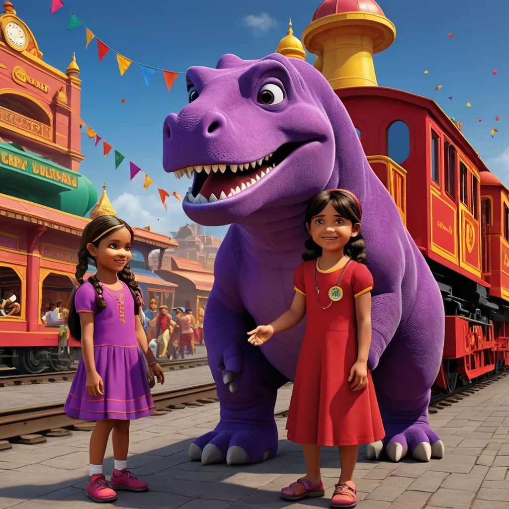 a couple of girls standing next to a purple dinosaur on a train track with a train in the background, samikshavad, a poster, Abidin Dino, promotional image