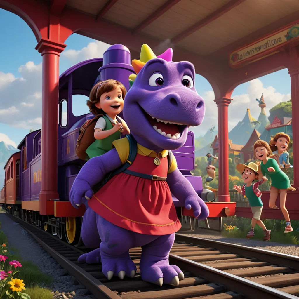 a cartoon character is riding on a train with a girl on her back and a dinosaur on the front, sots art, concept art, Chris LaBrooy, promotional image
