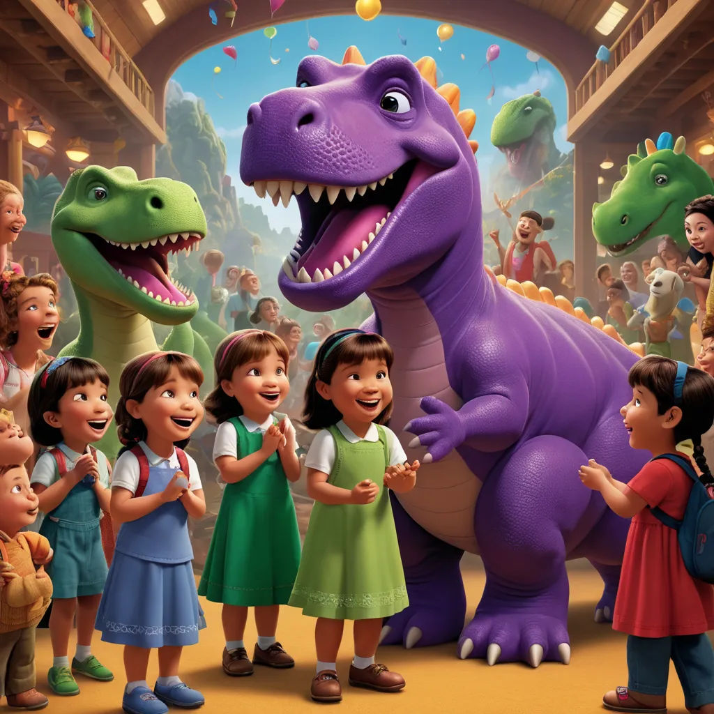 a group of children standing next to a dinosaur in a museum with a dinosaur in the background and a man in the foreground, sots art, a detailed matte painting, Abidin Dino, pixar and disney animation