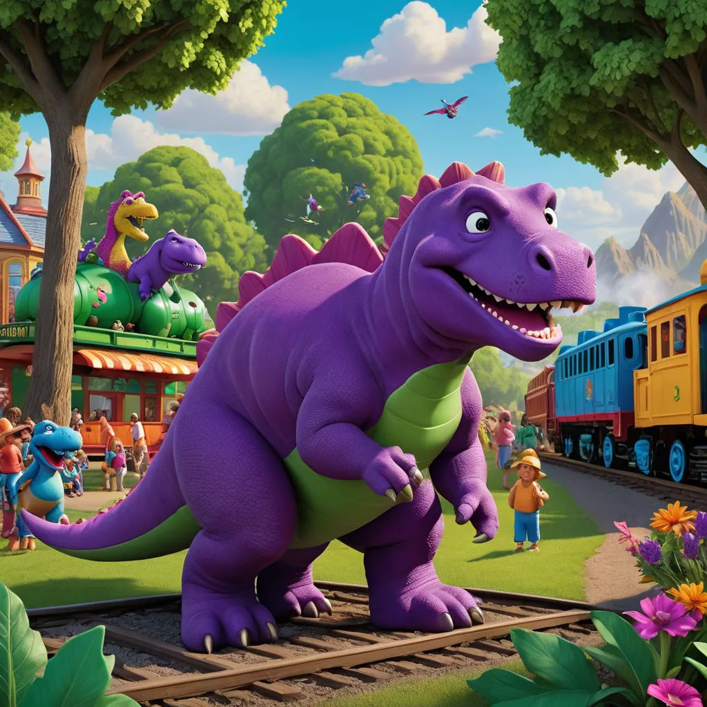 a cartoon dinosaur is on a train track with a train in the background and people in the background watching, sots art, concept art, Chris LaBrooy, promotional image