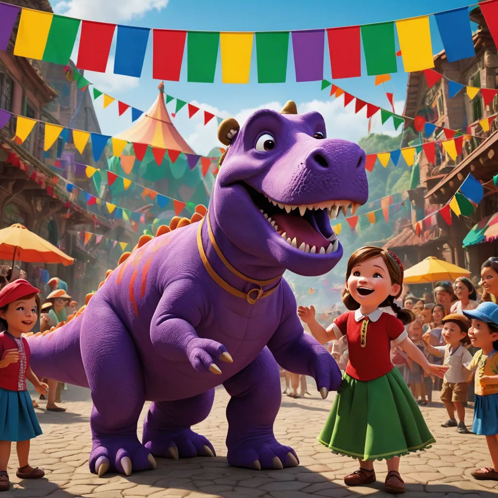 a cartoon character is standing in front of a crowd of children in a parade with a purple dinosaur and a girl in a green dress, sots art, poster art, Abidin Dino, pixar and disney animation