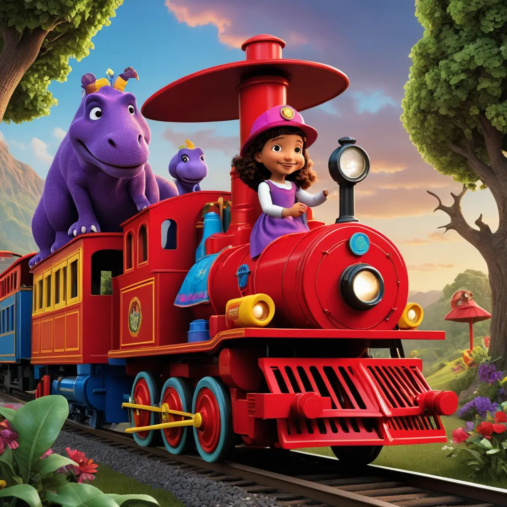 a cartoon train with a girl and two dinosaurs riding on it's side and a purple hippo, sots art, concept art, disney, promotional image