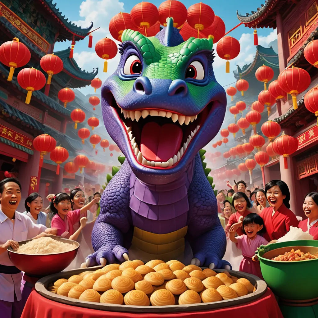 a dragon with a bunch of food on a table with people around it and a bowl of food in front of it, cloisonnism, a poster, Chris LaBrooy, promotional image