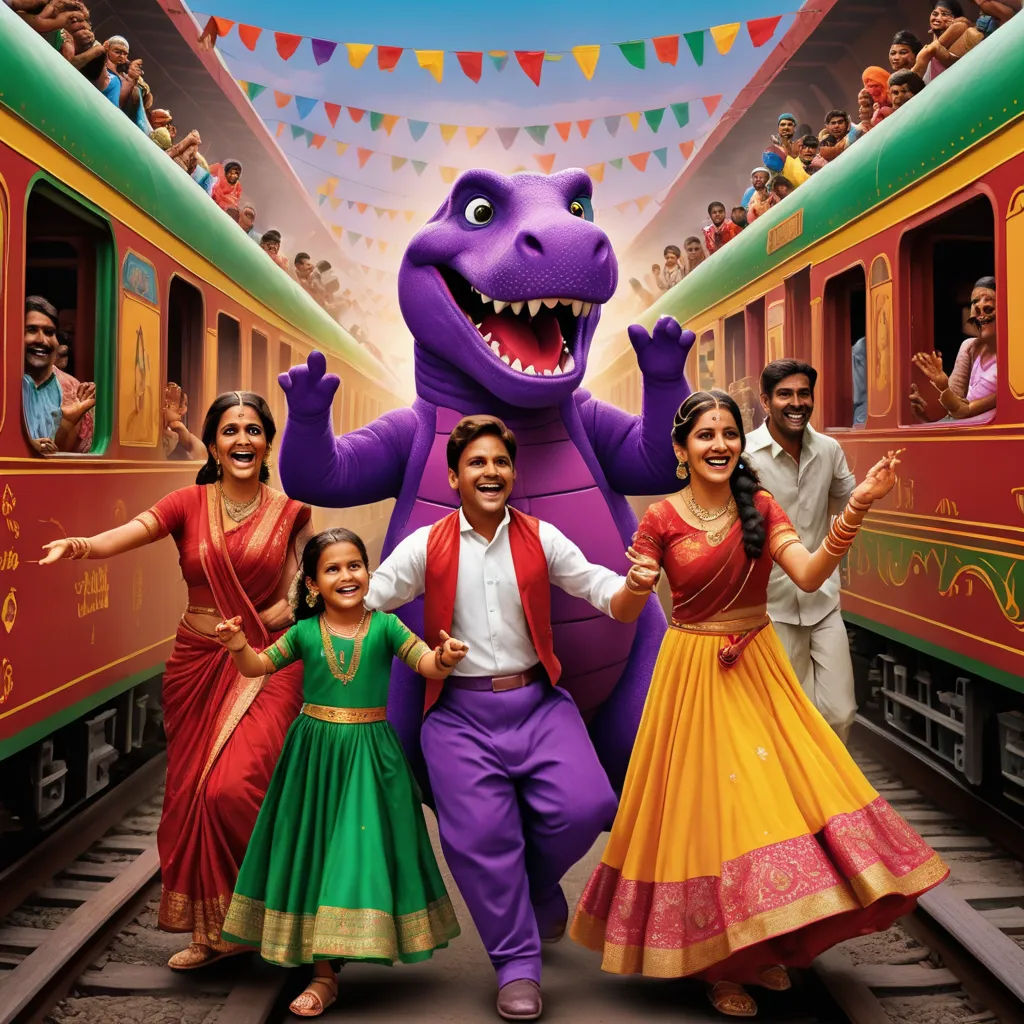 a family poses in front of a train with a purple dinosaur in the middle of the train station with people in the background, samikshavad, a poster, Chris LaBrooy, promotional image