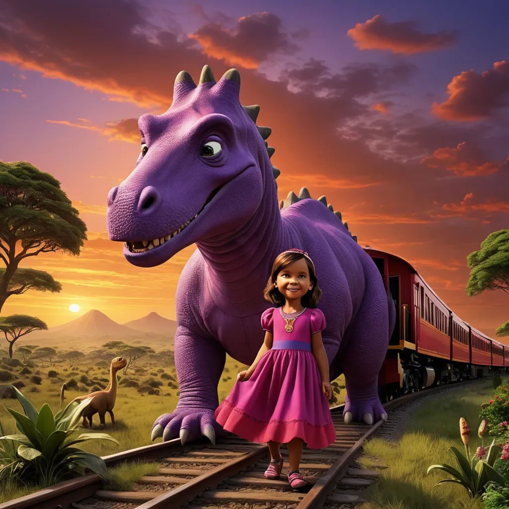 a girl standing next to a purple dinosaur on a train track at sunset with a train passing by her, neo-primitivism, poster art, Abidin Dino, promotional image