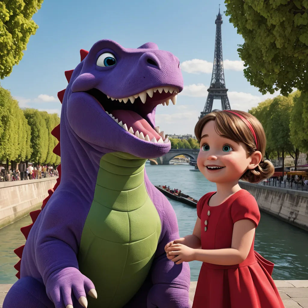 a little girl standing next to a giant dinosaur statue in front of the eiffel tower in paris, paris school, a storybook illustration, Adam Rex, promotional image